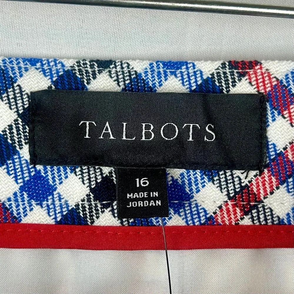 Talbots Women 16 Plaid Mini Skirt Blue Red Check Cotton Blend Pockets NWT